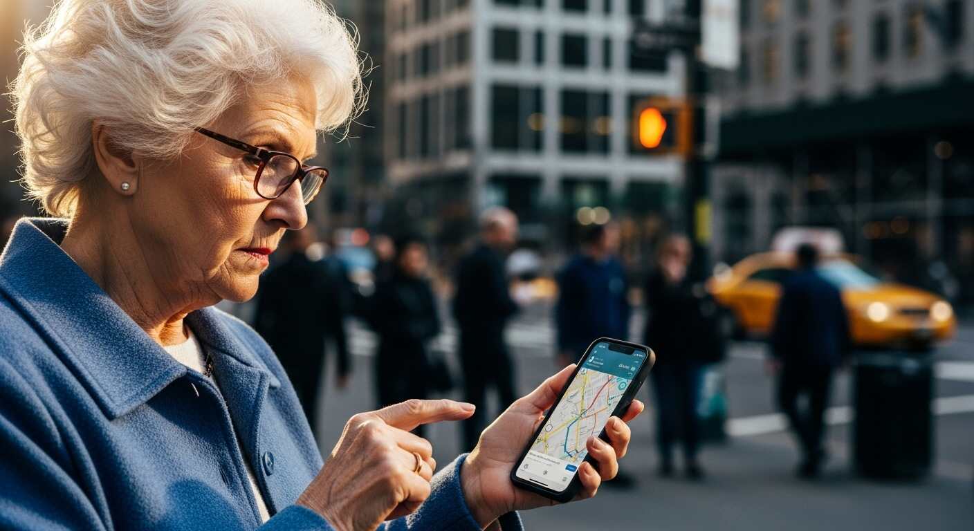 시니어가 스마트폰으로 길을 찾는 모습