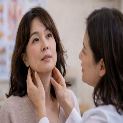 갑상선 항진증 증상 확인을 위해 의료진이 중년 여성의 목을 촉진하며 갑상선 상태를 검사하는 모습