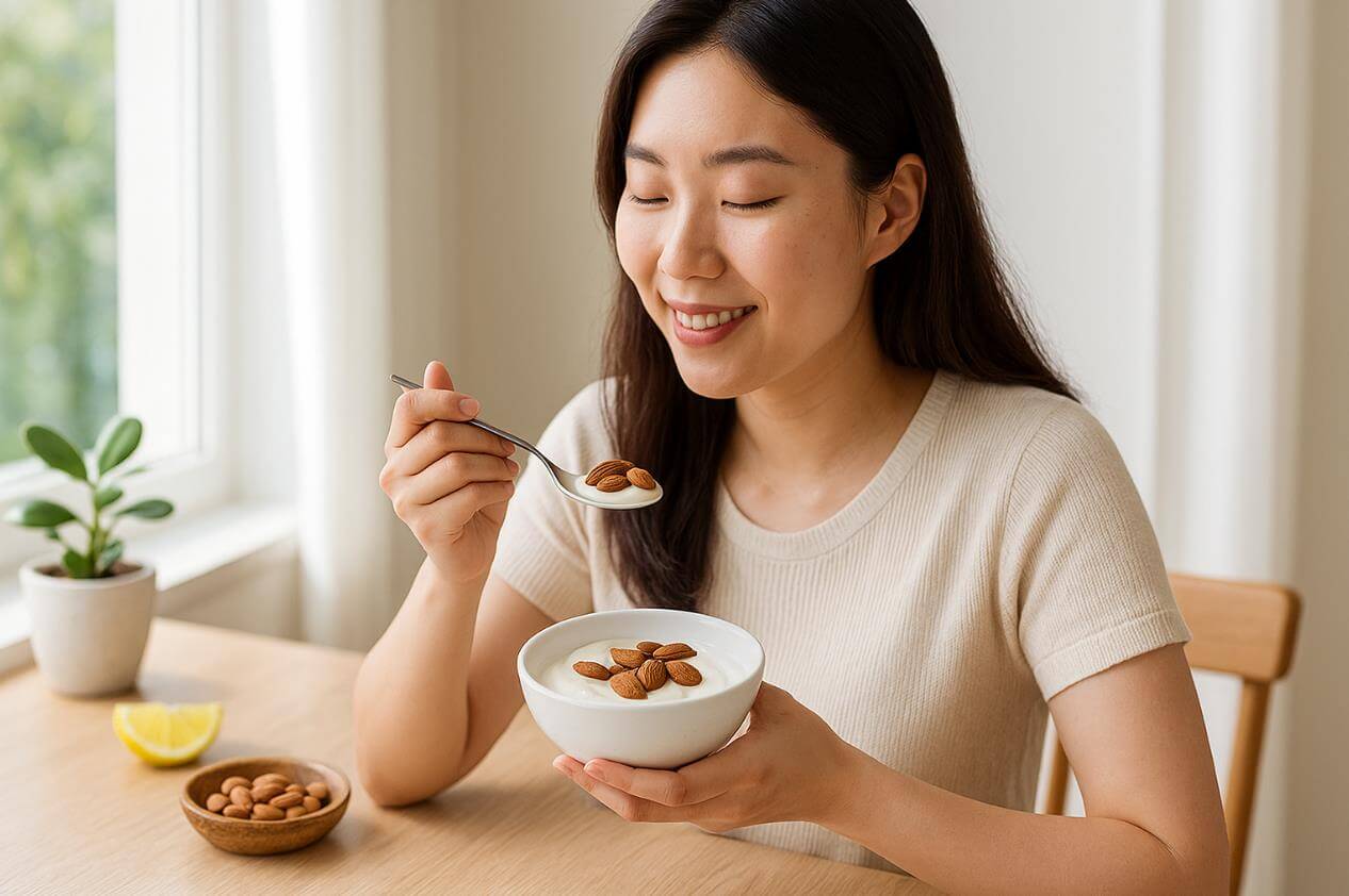 창가에서 요거트에 아몬드를 곁들여 즐겁게 먹는 여성의 모습.