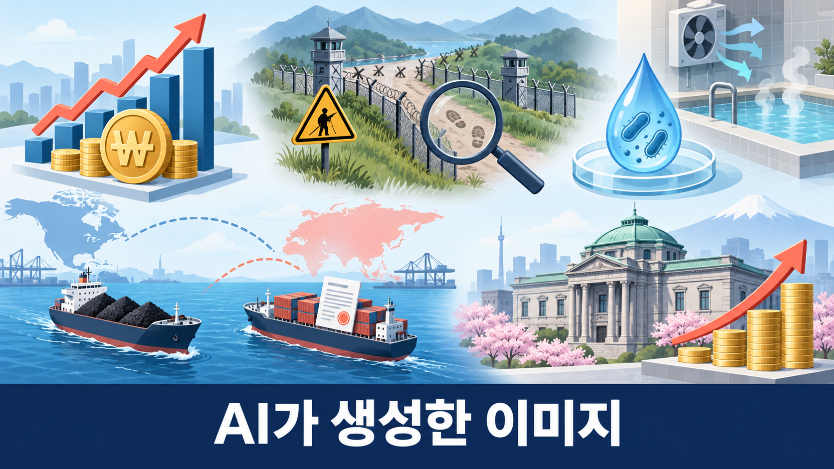 국고채 금리, DMZ 조사, 레지오넬라 검사, 미중 무역, 일본 금리를 상징한 AI 개념 일러스트