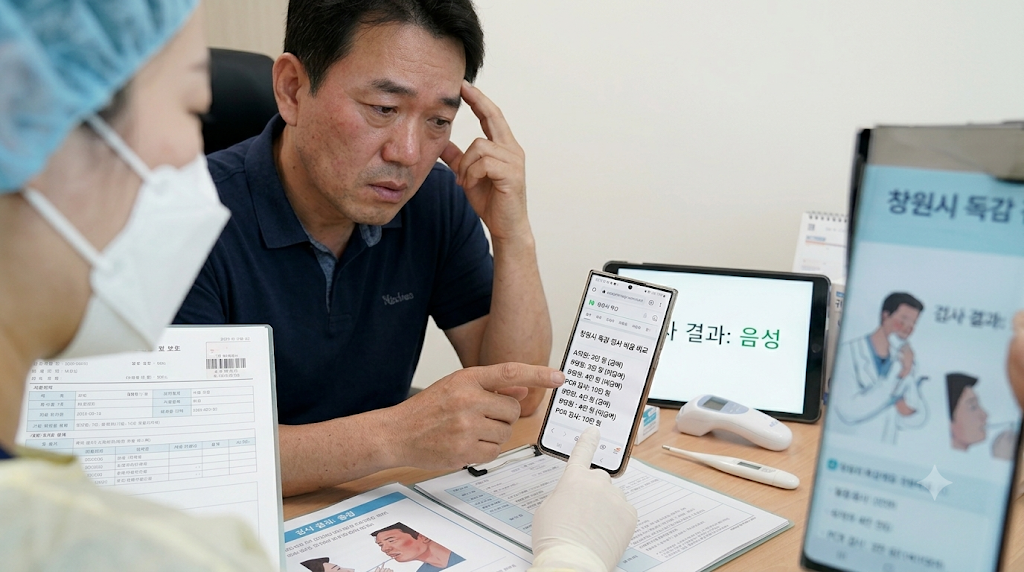 스마트폰으로 독감 검사 비용을 확인하는 모습