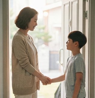 아침에 아들과 손잡고 대화하는 모습
아침