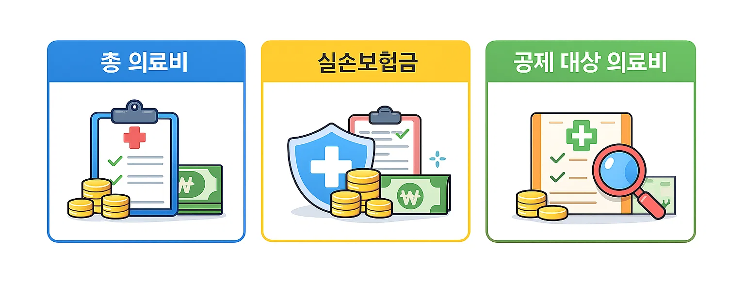 연말정산 실비보험 의료비 조회 결과를 바탕으로 총 의료비에서 실손보험금을 차감해 공제 대상 의료비가 결정되는 계산 기준을 시각적으로 설명한 이미지입니다