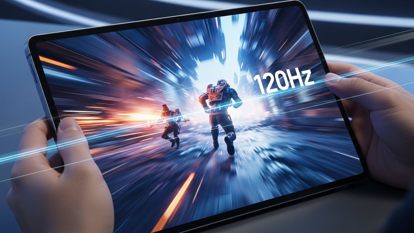 120Hz 주사율을 강조하는 생생한 색상과 부드러운 모션으로 빠르게 진행되는 액션 게임을 보여주는 삼성 갤럭시 탭 S11 울트라의 클로즈업 다이내믹 샷입니다.