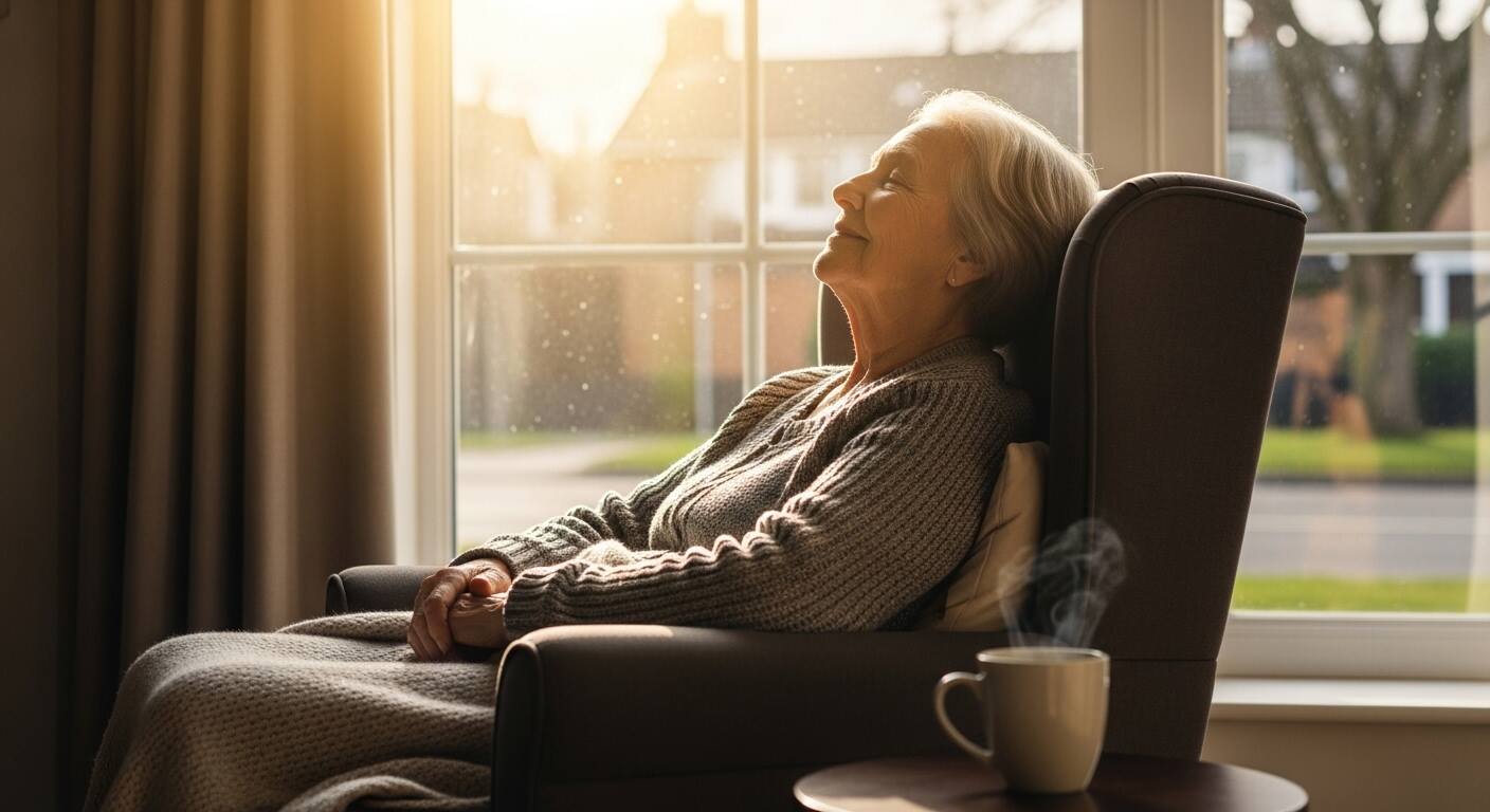 창가에 앉아 햇빛을 받는 모습 시니어 모습