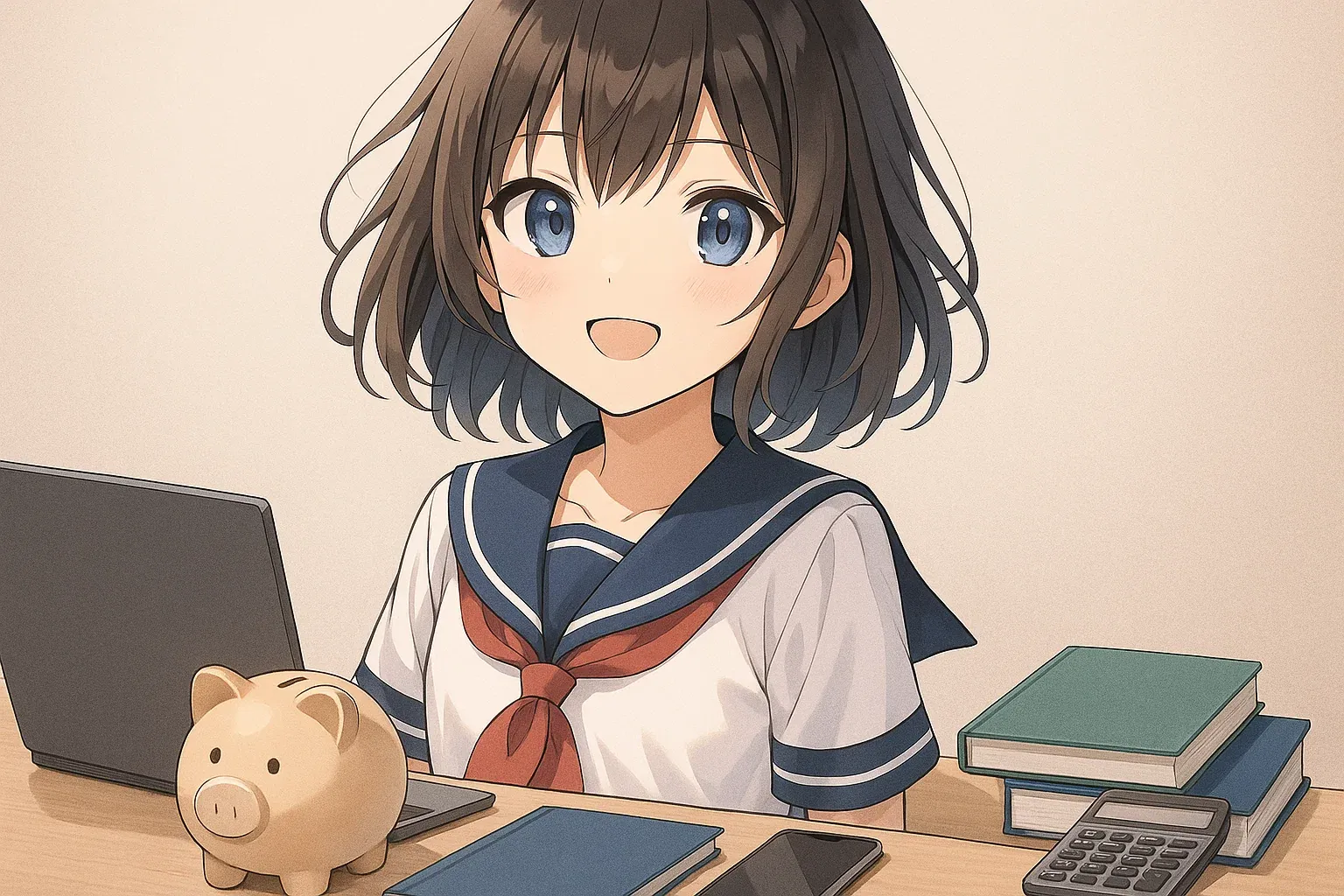 애니메이션 스타일 교복 입은 소녀의 재테크 공부 모습
