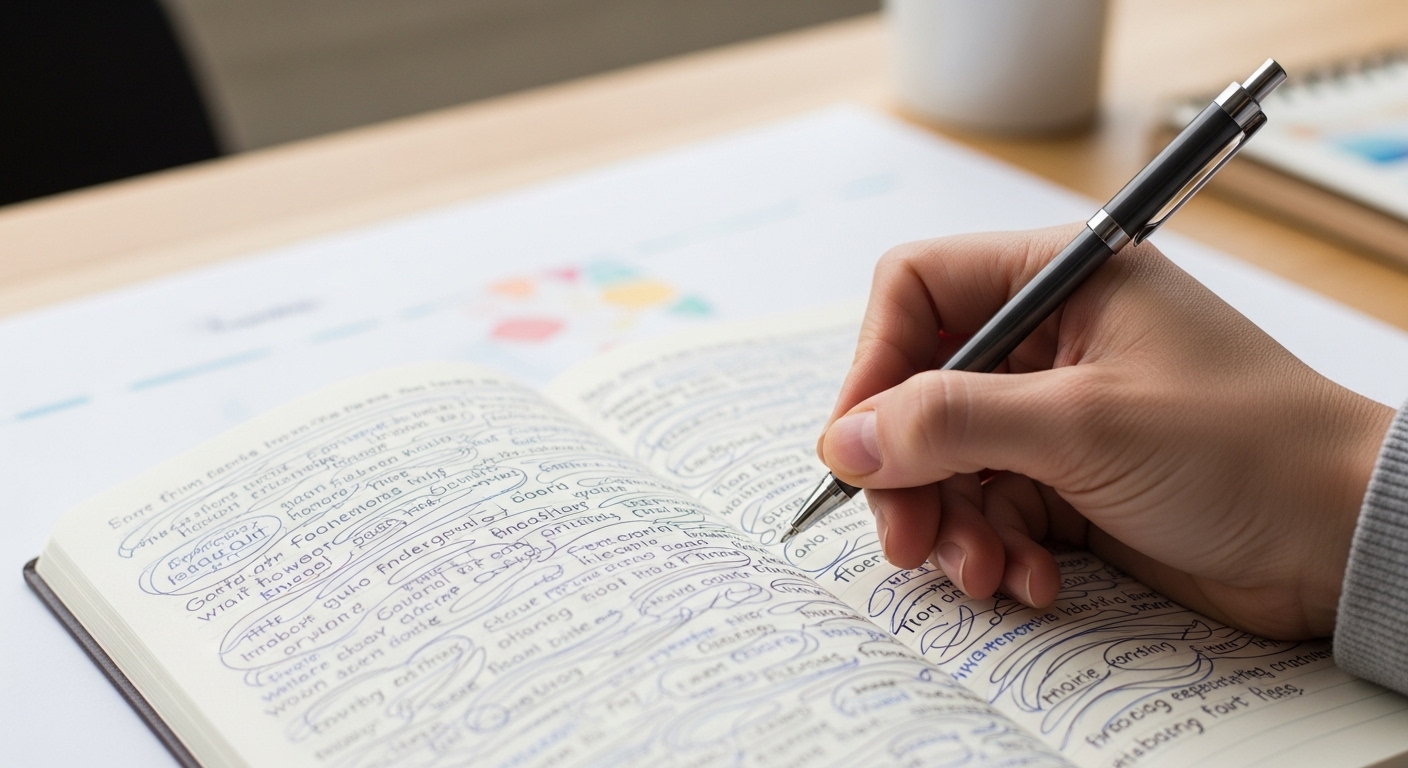 노트에 펜으로 자유롭게 글을 쓰는 손의 모습. 창의적인 생각의 흐름을 표현