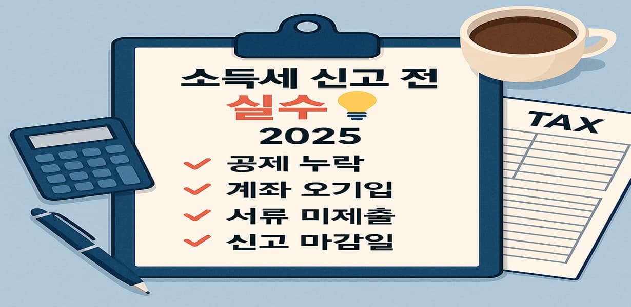 종합소득세 신고 전 실수 체크리스트를 보여주는 클립보드와 계산기, 펜, 세무 서류, 커피잔이 함께 놓여 있는 책상 장면