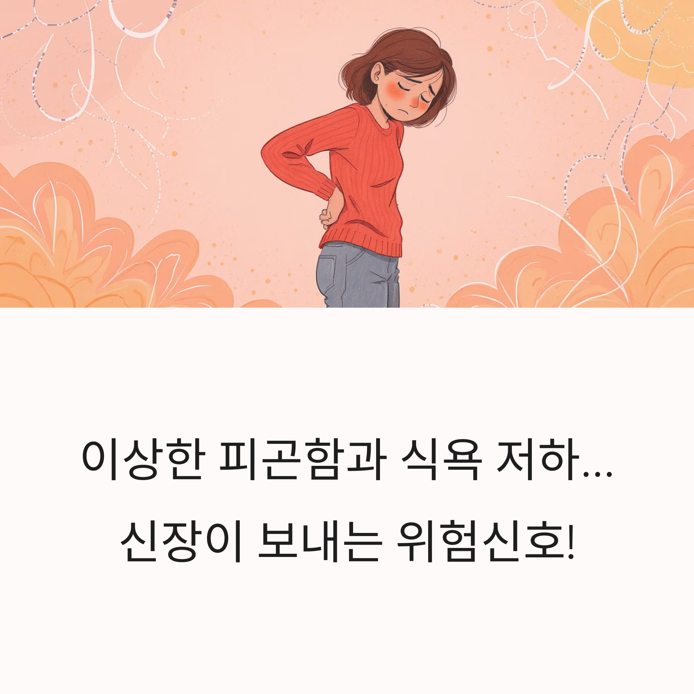 허리를 짚고 피곤해 보이는 여성이 그려진 일러스트와 함께, '이상한 피곤함과 식욕 저하... 신장이 보내는 위험신호!'라는 문구가 있는 이미지