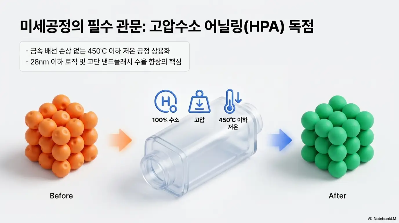 HPSP 주가 전망:&amp;#39;미세공정의 필수 관문&amp;#44; 고압수소 어닐링(HPA) 독점&amp;#39;이라는 문구가 포함된 이미지. 100% 수소와 고압&amp;#44; 450℃ 이하 저온 공정으로 원자 배열을 정렬하는 어닐링 원리와 28nm 이하 로직&middot;고단 낸드 수율 향상의 핵심임을 시각적으로 전달하며&amp;#44; 블로그의 HPSP 사업 구조 분석과 관련된 내용을 설명함 