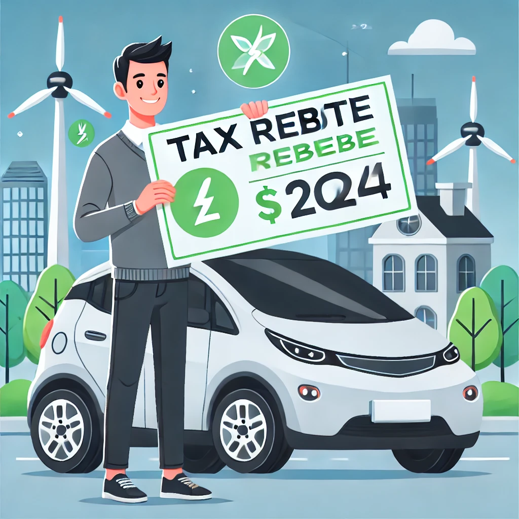 2024년 정부 보조금 혜택으로 세금 환급 체크를 받는 전기차 소유자. 전기차 옆에서 체크를 들고 웃고 있으며, 배경에는 도시 스카이라인과 친환경 에너지 아이콘이 보인다.