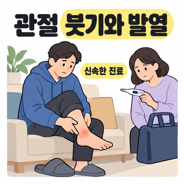 관절 붓기와 발열이라는 제목 아래 발목이 붉어진 사람이 앉아 있고 동행인이 체온계를 확인하며 진료를 준비하는 모습