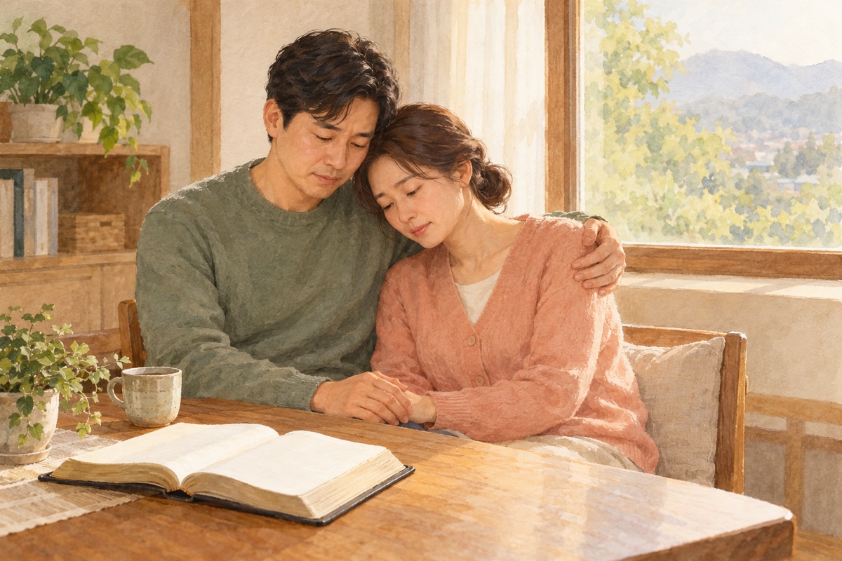 먼저 떠난 자녀를 기억하는 기도 &mdash; 창가에서 서로 어깨를 감싼 부부와 열린 성경