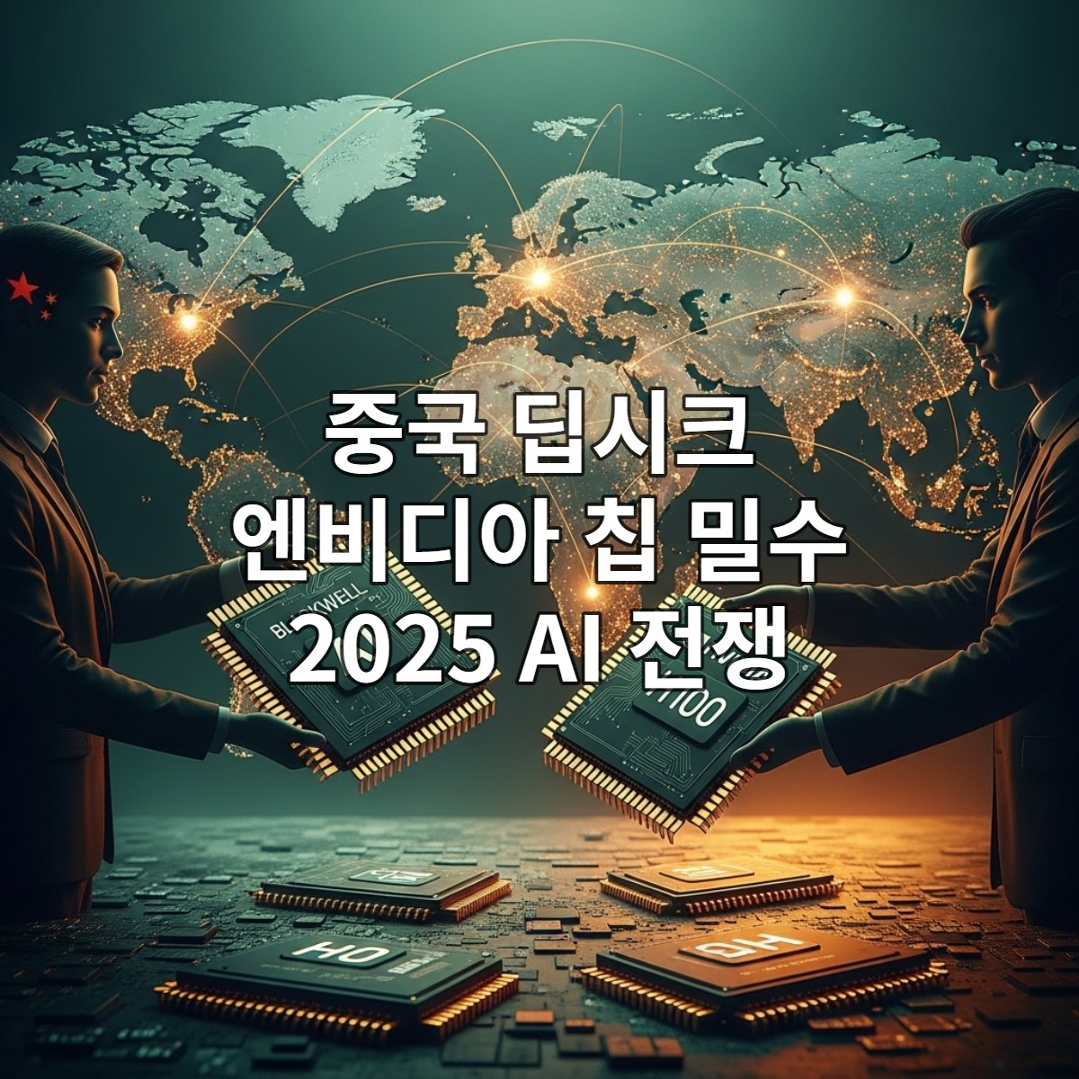 중국 AI 스타트업 딥시크의 엔비디아 AI 칩 밀수 의혹을 상징하는 이미지. 어두운 배경에서 은밀하게 거래되는 AI 칩과 글로벌 기술 패권 경쟁을 시사하는 긴장감 넘치는 분위기.