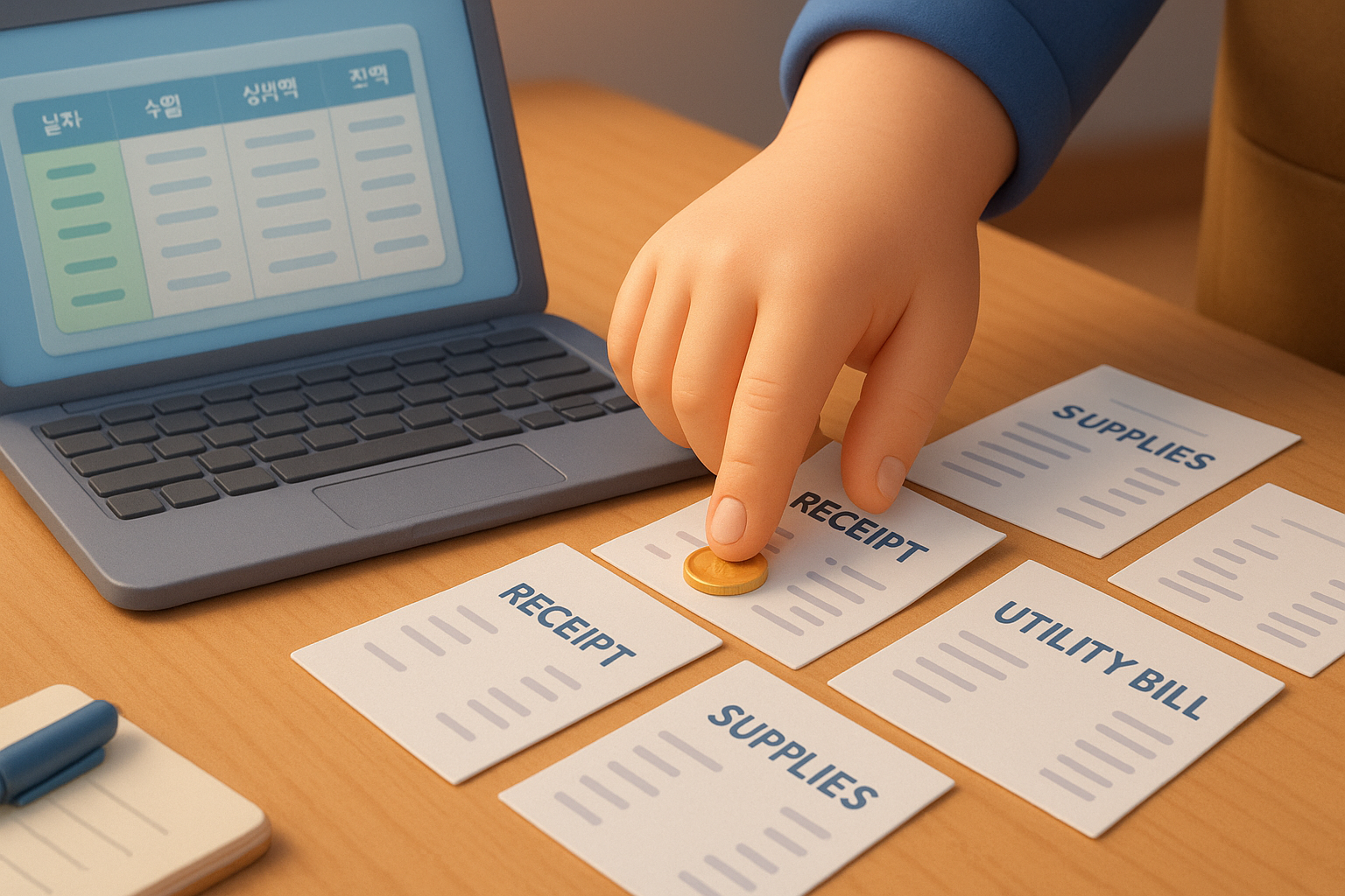 책상 위에 식자재, 비품 등 여러 종류의 영수증을 가지런히 정리하고 있는 모습.