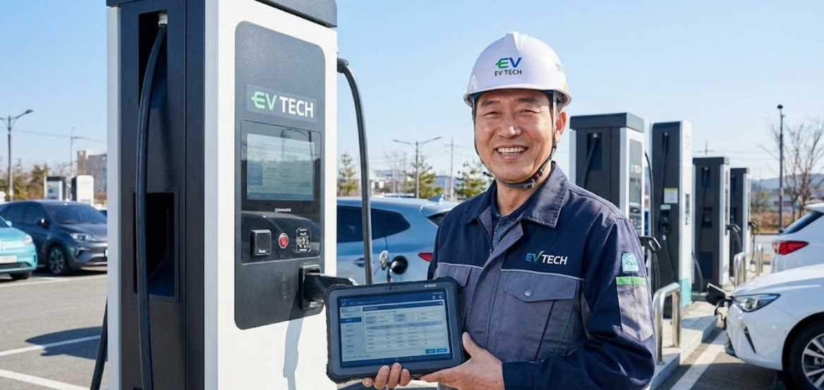 전기차 충전소에서 기기를 점검하며 밝게 웃고 있는 중장년 전문가
