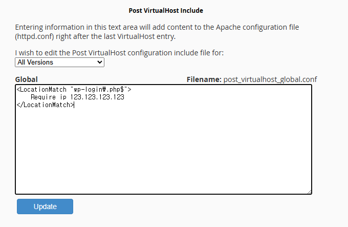 WHM > Service Configuration > Apache Configuration > Include Editor