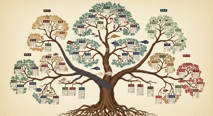 파평 윤씨의 여러 파(派)를 보여주는 복잡하게 얽힌 한국 전통 족보(가계도) 그림.