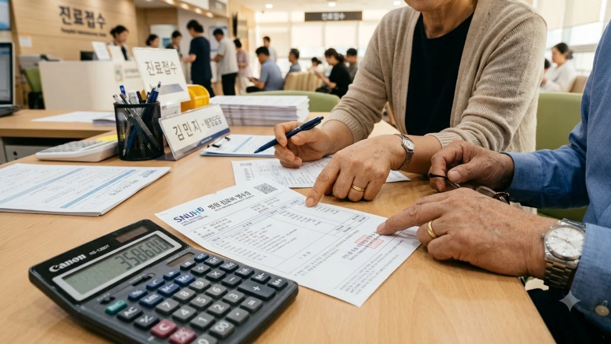 병원 원무과 데스크 위에 놓인 진료비 영수증과 계산기, 그 옆에 한국인 부모의 손이 영수증을 확인하는 장면