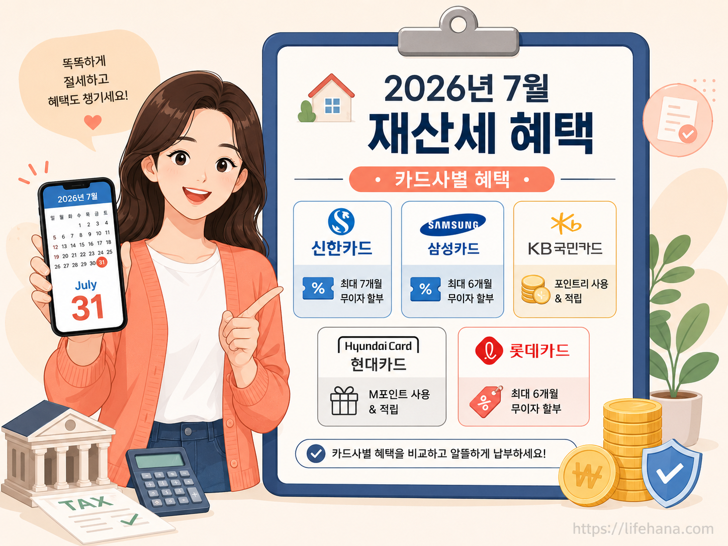 2026년 7월 재산세 카드 혜택과 주요 카드사 로고가 직관적으로 배치된 썸네일형 인포그래픽