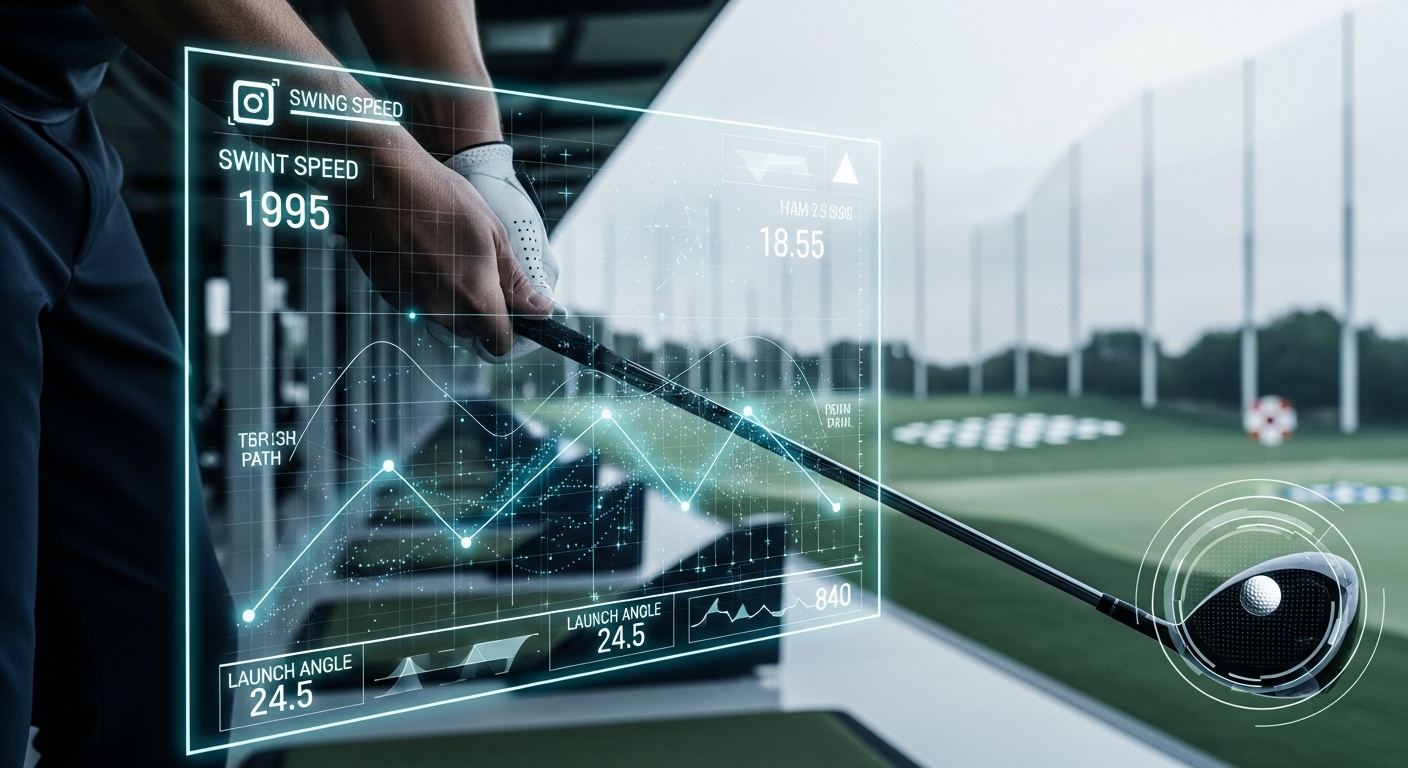 골프 스윙 데이터를 분석하는 디지털 화면을 배경으로 골프채를 잡고 있는 골퍼의 손.