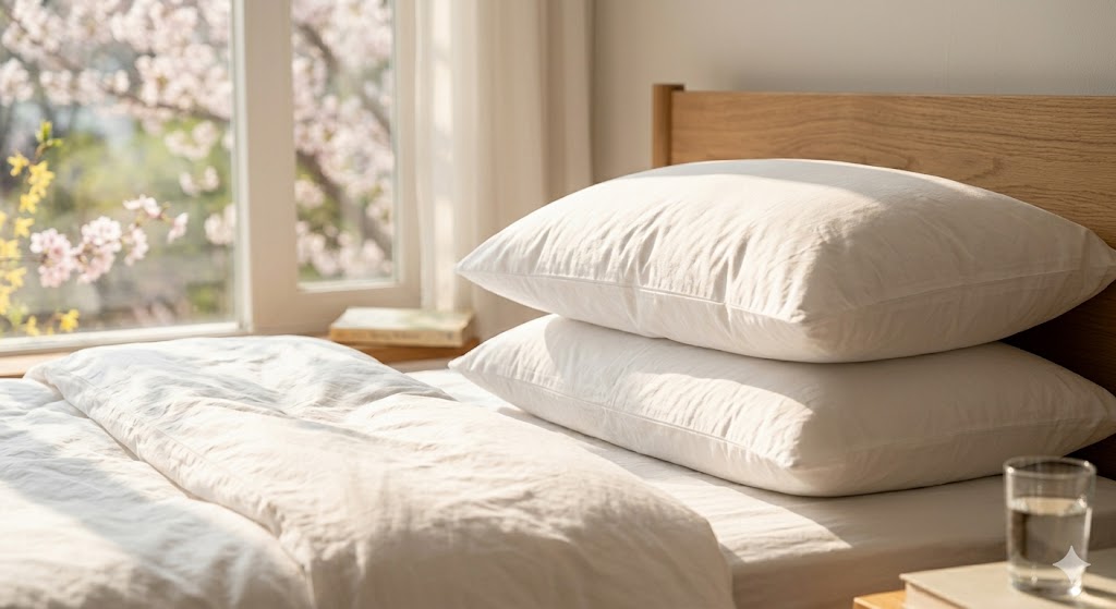"햇살이 환하게 들어오는 침실, 화이트 톤의 깨끗하고 폭신한 베개가 침대 위에 가지런히 놓여 있는 사진. 깨끗하고 위생적인 수면 환경을 상징하는 실사 이미지."