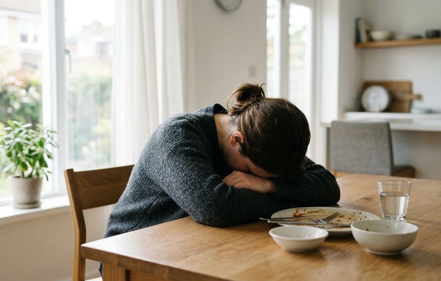 식사 후 식탁에 엎드려 피로감을 느끼는 모습, 식후 혈당 스파이크로 인한 식곤증