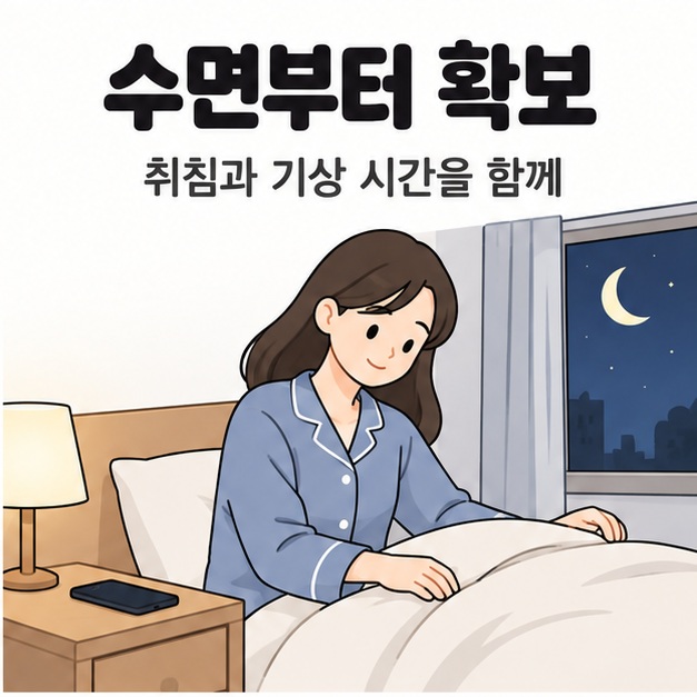 수면부터 확보 문구 아래 여성이 밤에 침구를 정리하고 침대 옆 탁자에 화면이 꺼진 휴대전화를 둔 모습