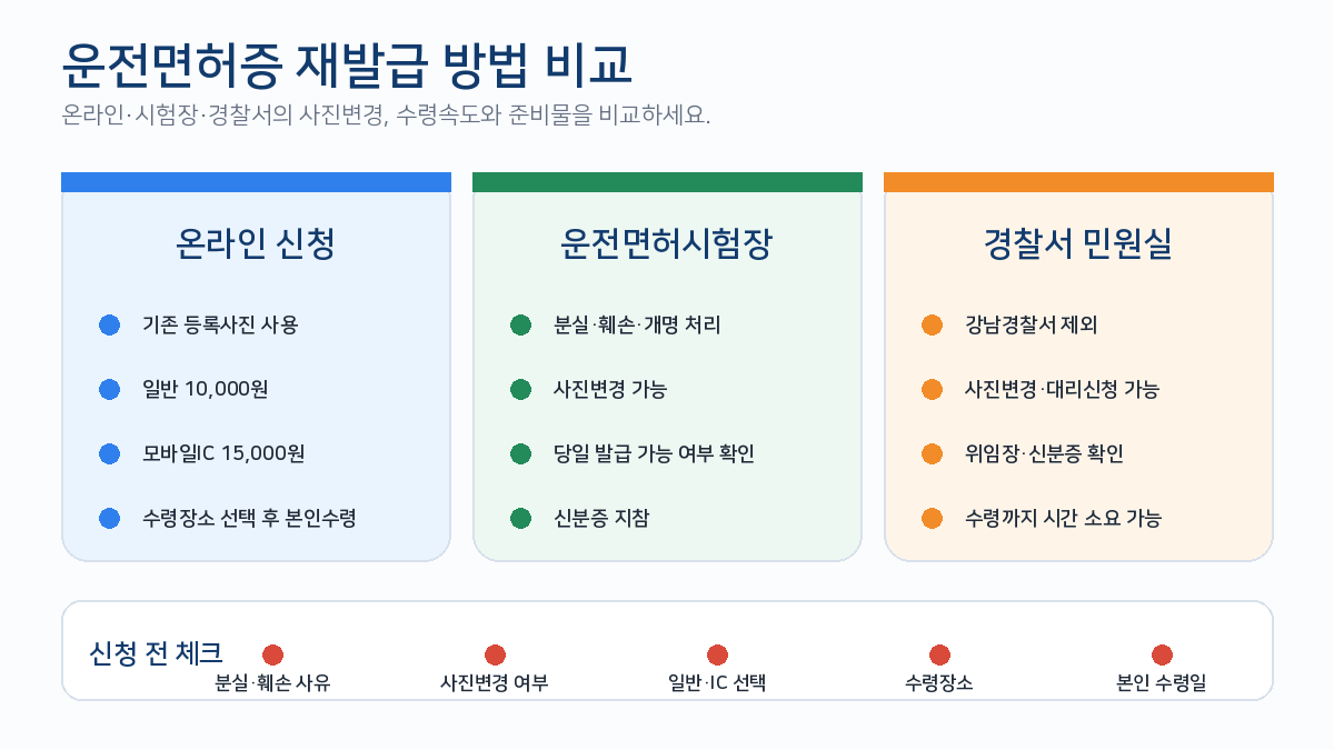 운전면허증 온라인 운전면허시험장 경찰서 재발급 사진변경 수수료 수령방법 비교