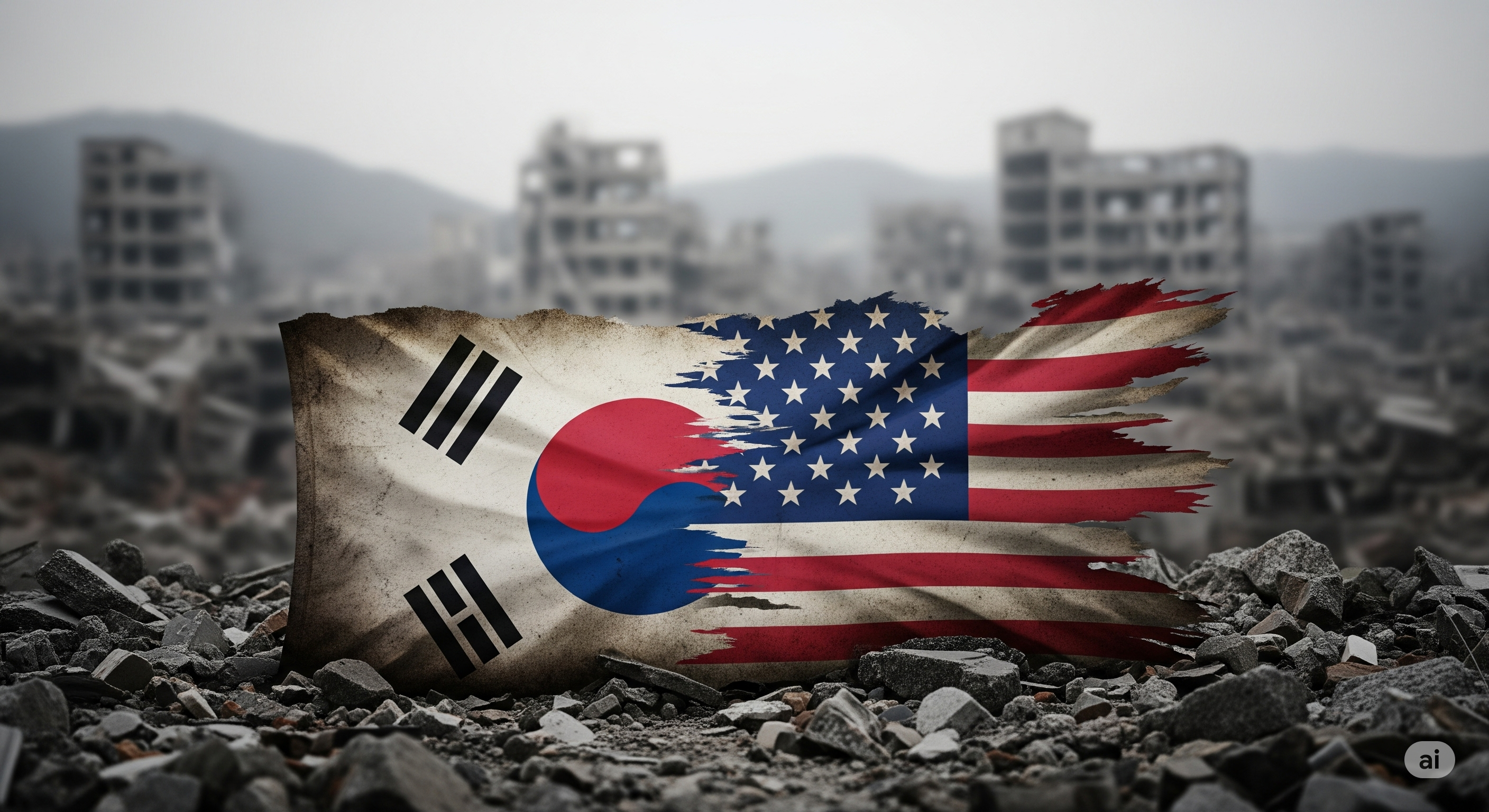 A symbolic image of a tattered flag, half South Korean Taegukgi and half American Stars and Stripes, lying on the ruins of a Korean battlefield.