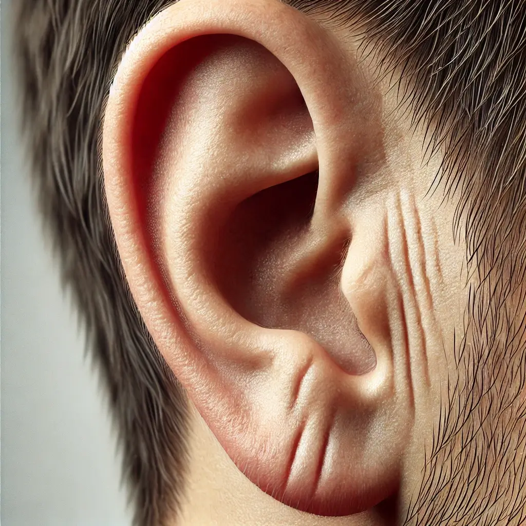 사람의 귓불 하단에 위치한 가로 주름을 근접 촬영한 사진. 귓불 주름(earlobe crease)이 선명하게 나타나며 피부 질감이 강조된 이미지로, 건강 상태의 신호를 시각적으로 보여주는 깨끗한 배경의 사실적인 사진