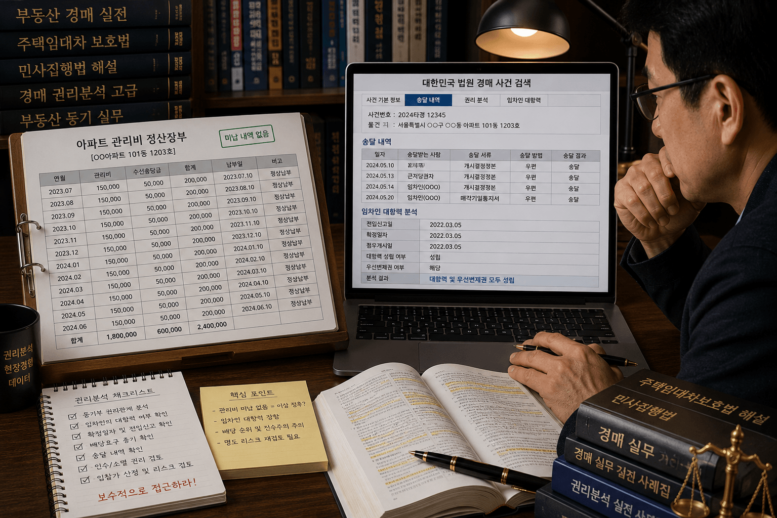 관리비 미납 내역이 전혀 없는 깨끗한 아파트 장부를 확인하고 당혹스러워하며 노트북으로 해당 경매 사건의 법원 송달 내역과 임차인의 대항력 여부를 다시 정밀 추적하는 경매 고수의 서재