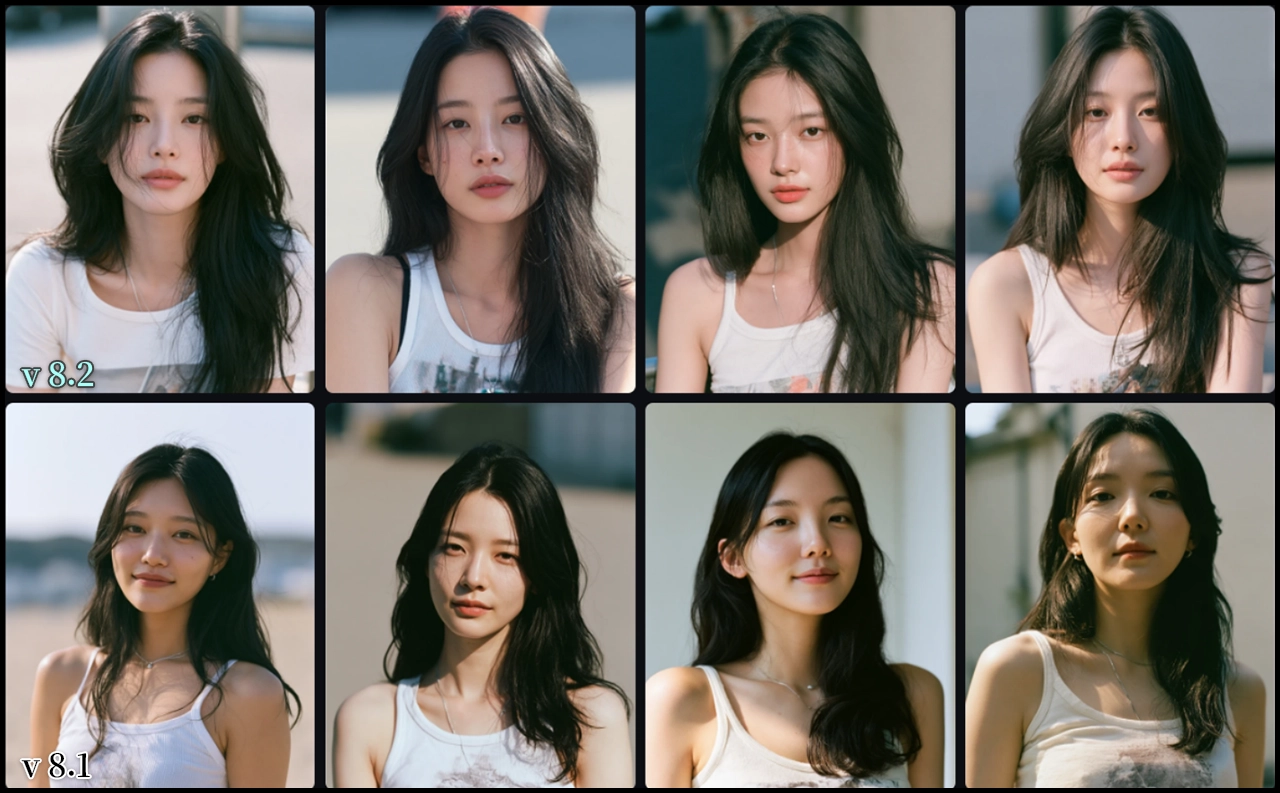 미드저니 V8.1과 V8.2로 생성한 한국 여성의 자연스러운 디지털카메라 스냅 비교 이미지_Midjourney