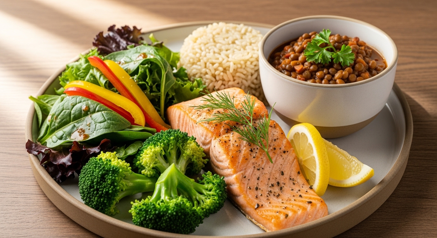 브로콜리, 피망, 채소, 구운 생선, 현미밥, 콩류가 담긴 균형 잡힌 건강 식단 플레이트. 50대 남성을 위한 식단 예시.