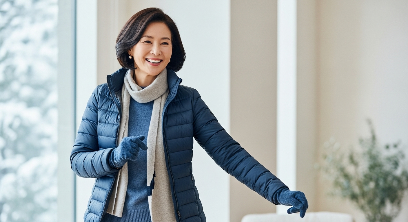 50대 한국 여성이 레이어드된 겨울옷을 입고 실내에서 활기차게 스트레칭하며 건강한 겨울 활동을 즐기는 모습.