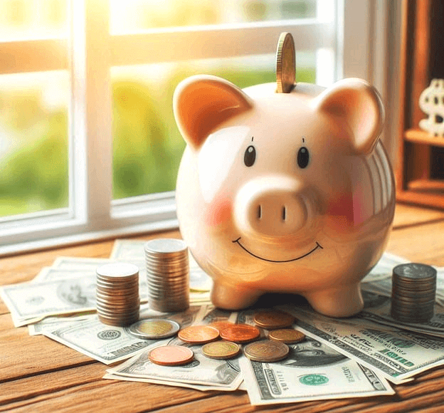 창가에 연분홍색 돼지저금통이 있다. 주변엔 지폐랑 동전들이 가득하다.