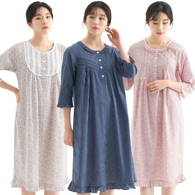 메이플라워 아사면 7부 빅사이즈 파자마 순면 여성 원피스 잠옷