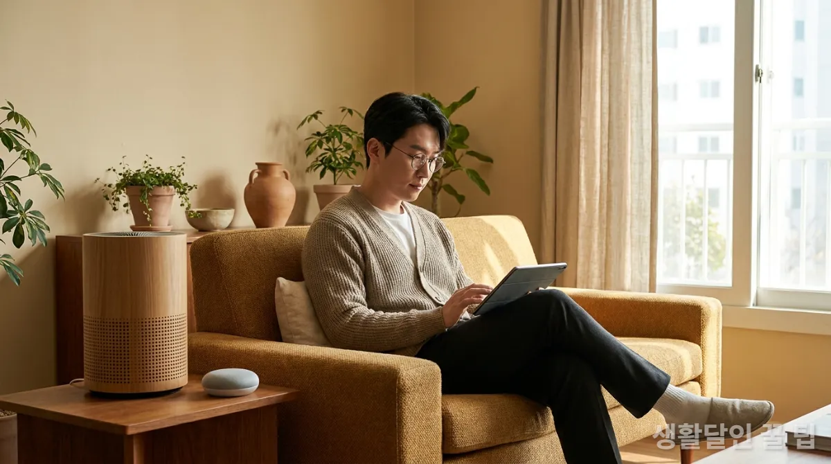 초소형 가전제품 리뷰를 태블릿으로 꼼꼼히 확인하는 젊은 한국 남성