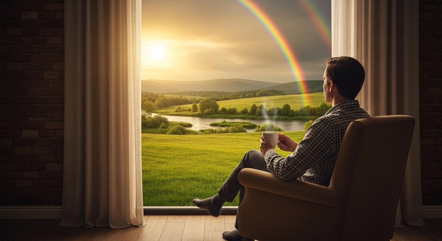 폭풍이 지나간 뒤 맑게 갠 하늘 아래, 튼튼하게 지어진 집(포트폴리오)을 흐뭇하게 바라보며 차 한 잔의 여유를 즐기는 투자자