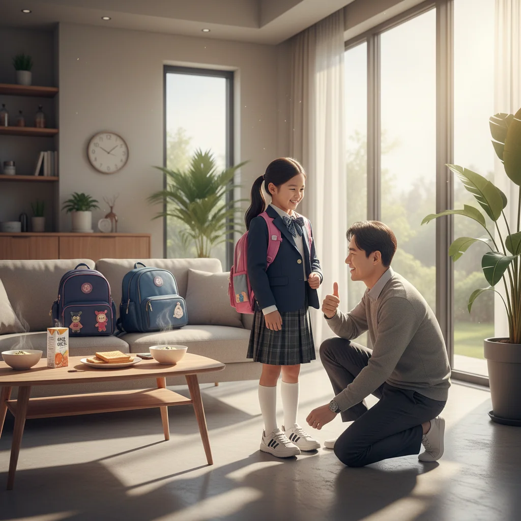 2026년 육아기 10시 출근제 시행으로 여유로운 아침을 보내며 아이의 등교를 돕는 부모의 모습