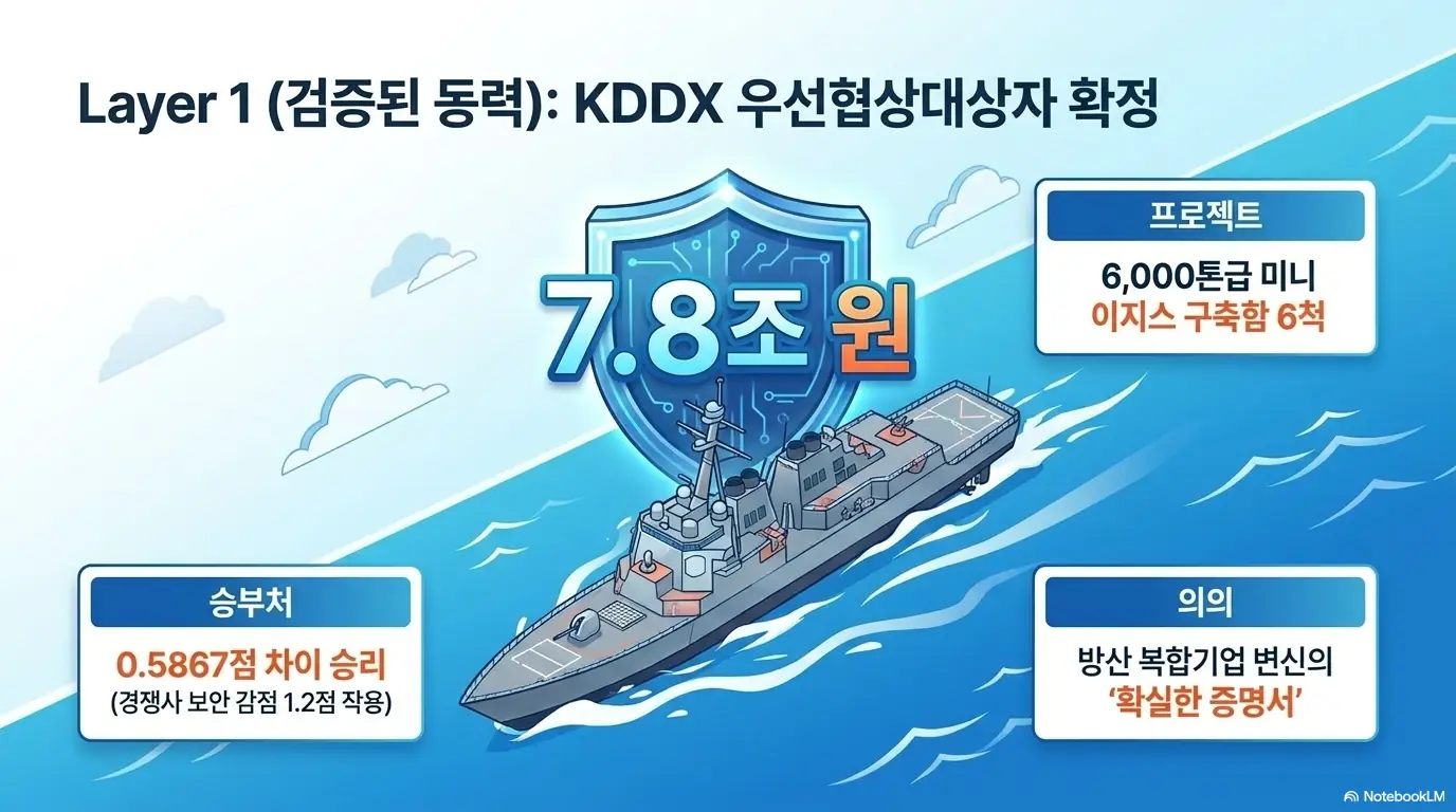 한화오션 주가 전망: 한화오션이 7조 8,000억 원 규모 KDDX 차세대 구축함 사업의 우선협상대상자로 선정된 사실을 보여주는 이미지로, 6,000톤급 미니 이지스 구축함 6척 프로젝트와 0.5867점 차 승리를 방패 그래픽으로 표현함. 방산 복합기업 변신의 확실한 증명서라는 의미를 담아 한화오션 주가 전망의 핵심 동력을 설명함.