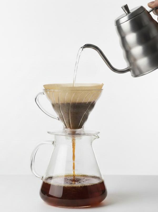 하리오 V60 드리퍼에 물을 붓고 있는 모습