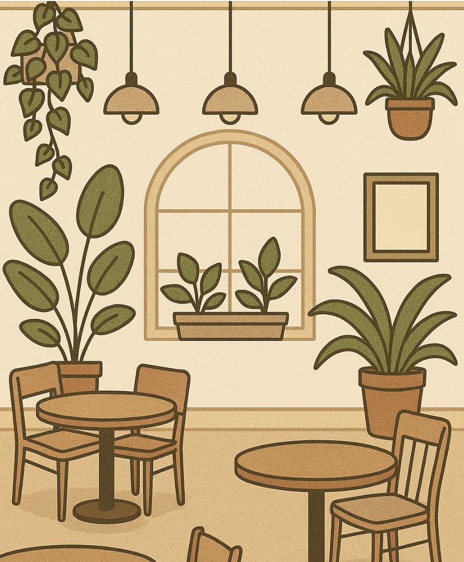 플랜테리어로 꾸민 상가 인테리어 일러스트, 실내 테이블과 식물 배치 사진