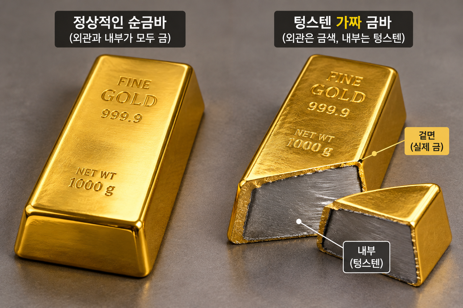 순금바와 내부에 회색 텅스텐이 들어간 가짜 금바 단면 비교