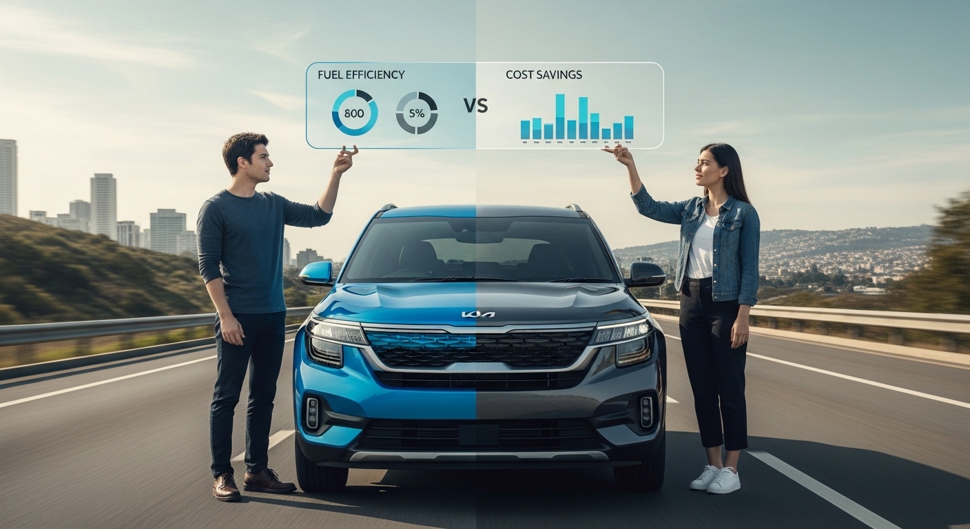 2026 셀토스 하이브리드와 가솔린 모델의 유지비를 비교하는 젊은 직장인 남녀, 두 모델의 특성을 시각적으로 분리하여 보여주는 자동차와 함께 연비 및 비용 절감 차트를 들고 있는 모습. 사회초년생의 합리적인 첫차 선택을 암시하는 이미지.