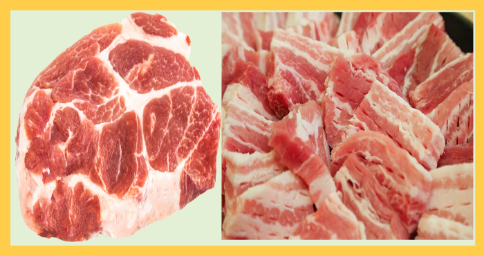돼지고기 목살과 삼겹살을 근접 촬영한 이미지로&amp;#44; 장마철과 휴가철 수요로 가격이 오르고 있는 돼지고기 부위를 표현.
