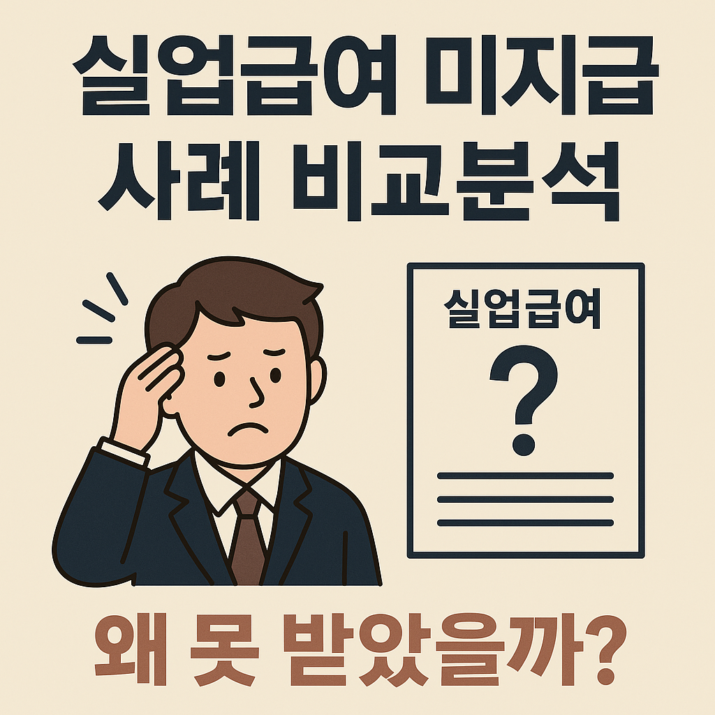실업급여 미지급 사례 비교분석을 주제로 한 블로그 썸네일 이미지. 정장을 입은 남성이 머리를 감싸며 고민하는 모습의 일러스트와 함께, &lsquo;실업급여 ?&rsquo;라고 적힌 서류 아이콘이 배치되어 있다. 상단에는 굵은 글씨로 &ldquo;실업급여 미지급 사례 비교분석&rdquo;이라는 제목이, 하단에는 &ldquo;왜 못 받았을까?&rdquo;라는 문구가 강조되어 있다. 배경은 밝은 베이지 톤.