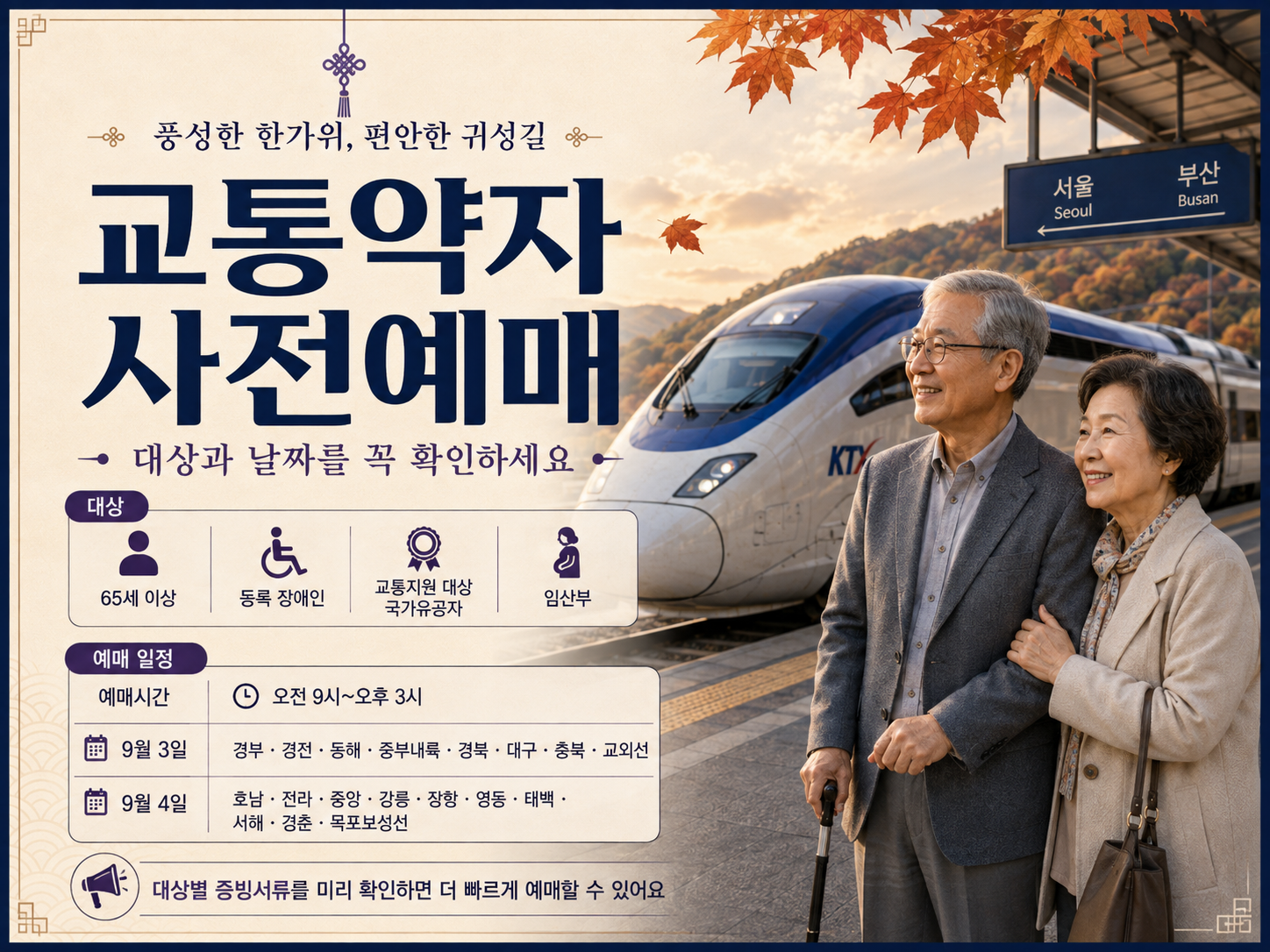 추석 교통약자 사전예매 대상 65세 이상 장애인 국가유공자 임산부 일정 안내
