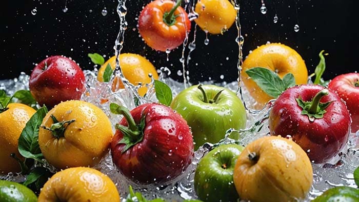 흐르는 물에 과일을 씻는 모습