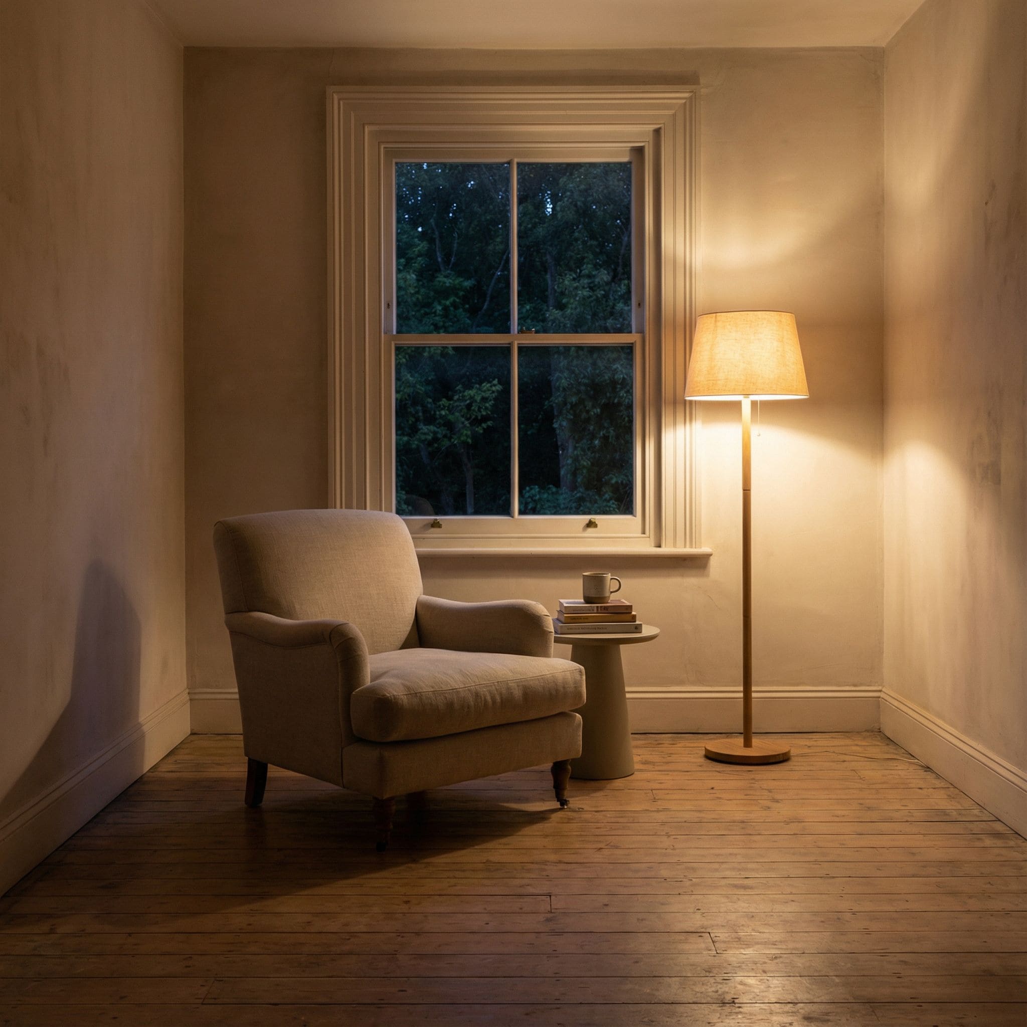 밤에 조용히 하루를 정리하는 공간과 비어 있는 의자가 놓인 차분한 장면